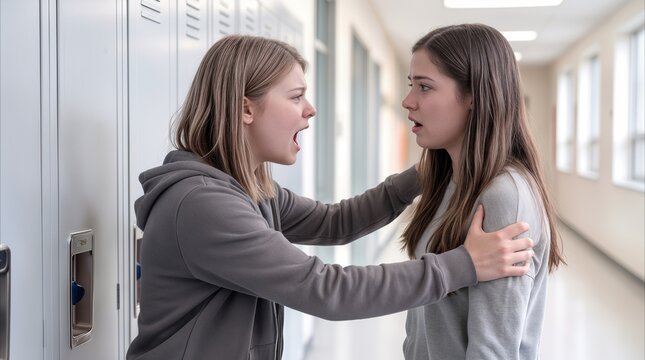 Teenage girl shouting at classmate in school hallway. Conflict and bullying between students near lockers.