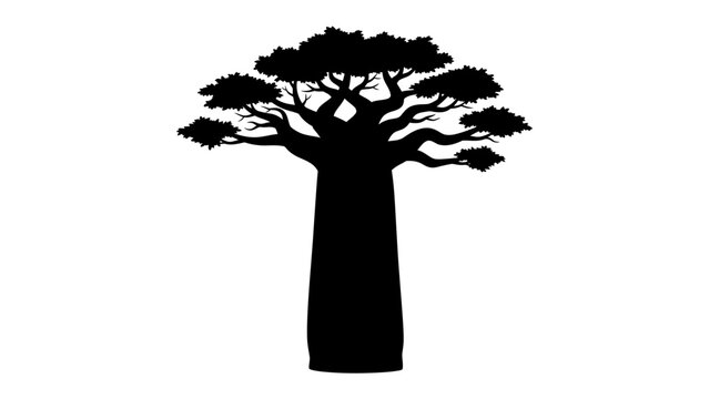 Baobab Tree Silhouette: An iconic baobab tree rendered in a stark black silhouette, its massive trunk and unique branching structure starkly defined against a clean backdrop.
