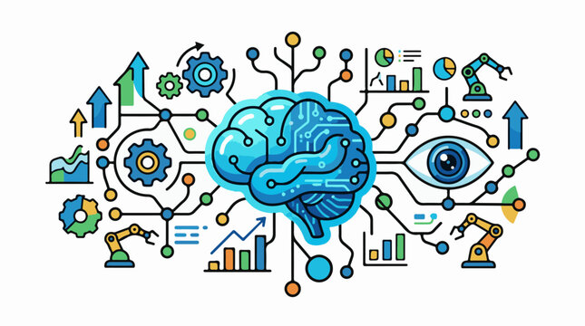 Abstract representation of artificial intelligence with brain eye gears and robots