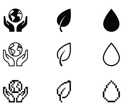 Set of environmental featuring hands holding earth, leaf, and water drop in solid, outline, and pixel styles on a white background