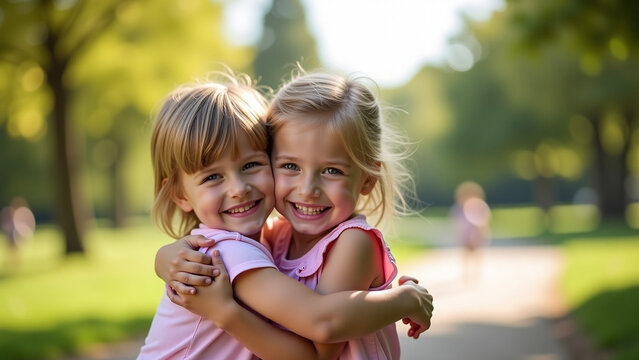 Boy and girl hugging iteration at park ar beautiful modern childhood leisure and people concept