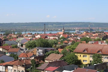 View of the city of Drobeta-Turnu Severin, Romania, from above.  Seen from the top of the water castle. The city lies on the Danube, which is here the border river between Romania and Serbia. Europe. © utamaria