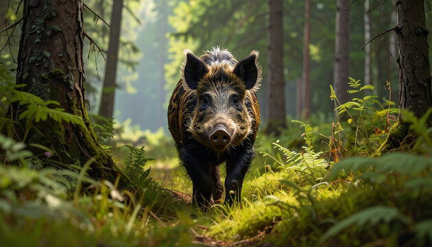 Wild Boar Walking Through Lush Sunlit Forest Undergrowth