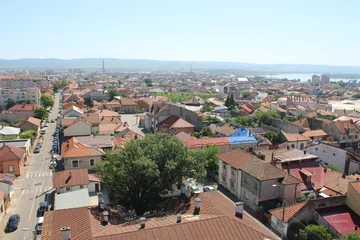 View of the city of Drobeta-Turnu Severin, Romania, from above.  Seen from the top of the water castle. The city lies on the Danube, which is here the border river between Romania and Serbia. Europe. © utamaria