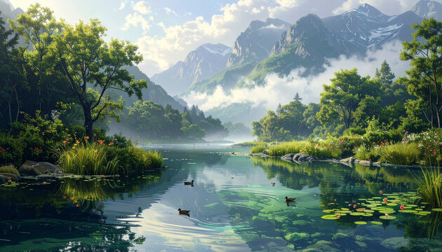 Serene Alpine Lake with Ducks and Foggy Mountain Peaks