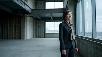 Fototapeta premium Businesswoman Standing in Empty Industrial Office Space — Corporate Professional Modern Workplace