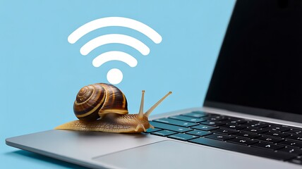 Obraz premium Snail on laptop with wireless internet connection and slow network concept