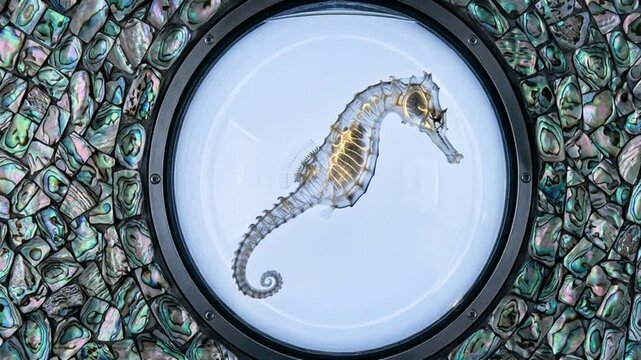 Abstract 3D animation of a transparent, glowing seahorse floating within a circular frame set against a luxurious iridescent abalone shell mosaic background