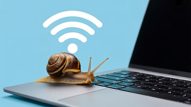Snail on laptop with wireless internet connection and slow network concept