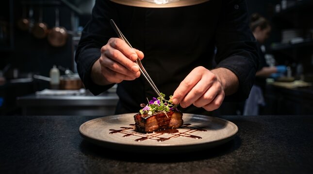 高級レストランの厨房で肉料理を繊細に飾り付ける料理人