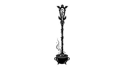 Mystical Cauldron and Staff: An ornate, dark staff topped with an eerie decorative element stands beside a bubbling cauldron emitting wisps of smoke, evoking a sense of dark magic and mystery. © Hasem