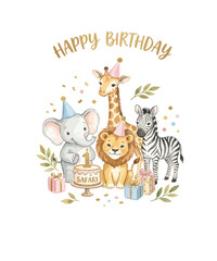 Naklejka premium Safari animal happy birthday card with lion, giraffe, elephant and zebra. Cute jungle animals first birthday celebration with cake and gifts.