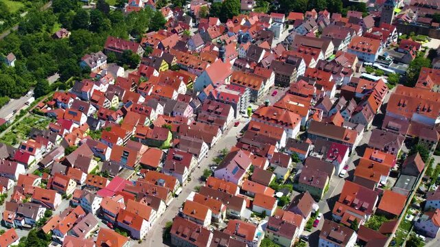Panoramic aerial view beside the old town of the city Marbach am Neckar in Germany on a sunny noon in spring.