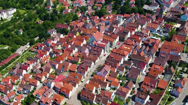 Panoramic aerial view beside the old town of the city Marbach am Neckar in Germany on a sunny noon in spring.