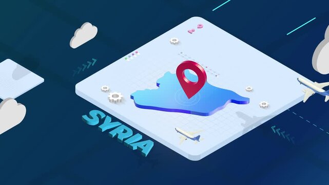 Isometric 3D Render of Syria Map with Red Location Pin Pointer and Floating Airplanes