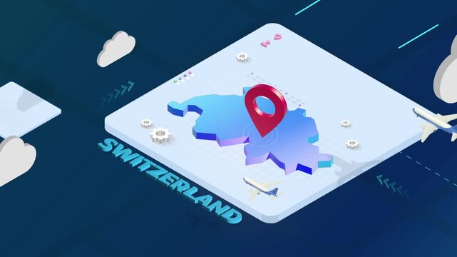 Isometric 3D Render of Switzerland Map with Red Location Pin Pointer and Floating Airplanes