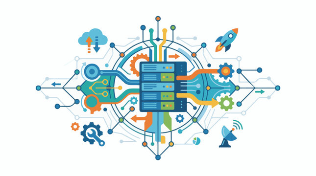 Abstract technological network with data servers cloud rocket