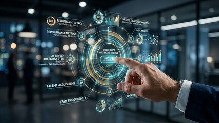 Fototapeta premium Professional interacting with a complex circular data visualization hologram