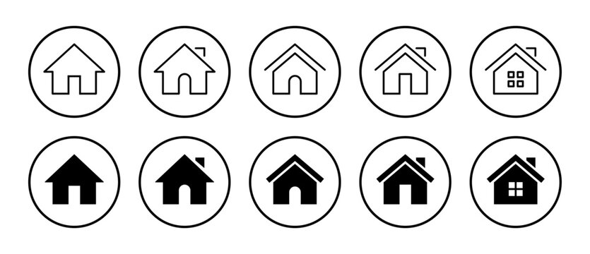 Home house icon set, Real estate, residential property, housing symbols in outline and solid style in circle for web, mobile and UI design, Vector illustration