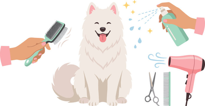 Cute White Samoyed Dog Grooming Asset Set Vector Featuring Slicker Brush Spray Bottle Scissors Metal Comb and Pink Hair Dryer Elements for Pet Salon Branding