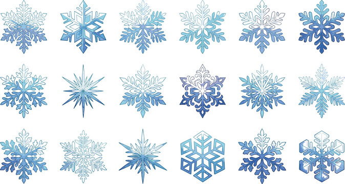 Watercolor Blue Snowflake Icon Collection Vector Set Featuring Varied Geometric Crystal Shapes and Frozen Ice Star Elements for Christmas Winter Holiday Designs