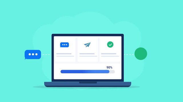 Animated flat vector illustration of a laptop displaying a messaging collaboration dashboard with chat, communication, and verification icons. Modern team collaboration, messaging, and productivity te