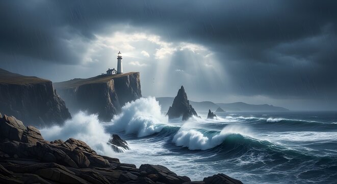 Dramatic lighthouse on a rocky cliff overlooking stormy ocean waves under dramatic cloudy sky with sunbeams
