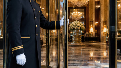 Fototapeta premium Hotel doorman opening glass door to a luxury marble lobby