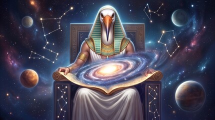 Fototapeta premium Deity Thoth with ibis head holding celestial scroll containing spiral galaxy. Ancient Egyptian mythology concept in deep space with planets and constellations.
