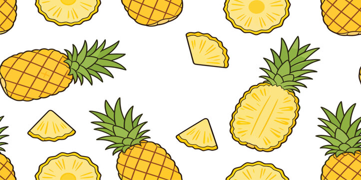 Pineapple Whole and Slice Seamless Pattern White Background