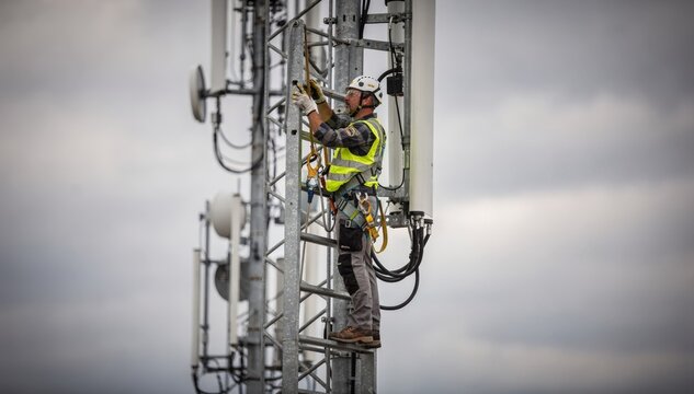 Medium shot of a certified rigger inspecting broadcast tower antennas securely fastened to a ladder against a cloudy sky backdrop with the tower details softly blurred.
