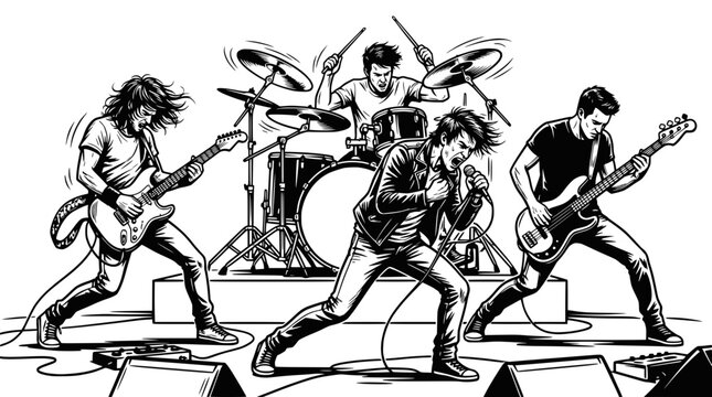 Energetic Rock Band Performing Live Music Concert on Stage