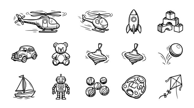 Hand-drawn toy icons: helicopter, rocket, car, robot, teddy bear, sailboat, kite, spinning top