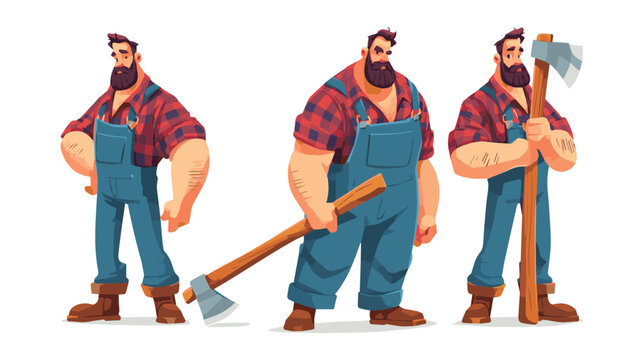 Series of Three Cartoon Lumberjack Characters with Axe and Log.