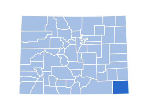 Baca County highlighted in blue on Colorado state map with blue theme