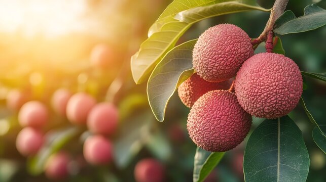 Fresh ripe lychee fruit hanging on tropical tree branch at golden hour sunset sunlight