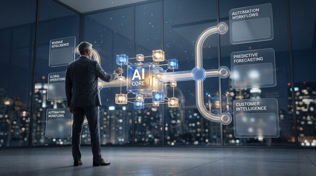 Executive in front of AI system making informed decisions for future business growth
