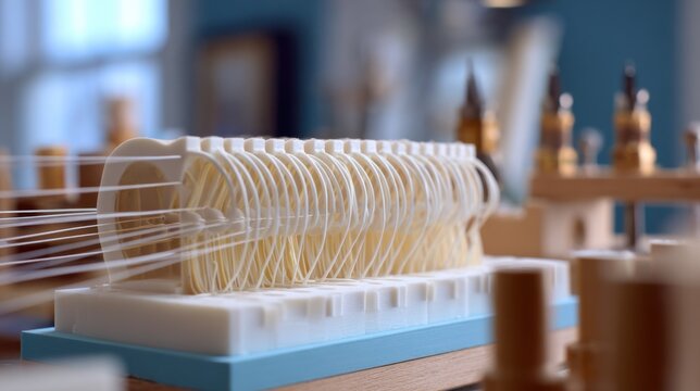 Focused shot of intricate finishing bends on an orthodontic archwire placed on a plaster mold with the wire bending bench tools faded into the background.