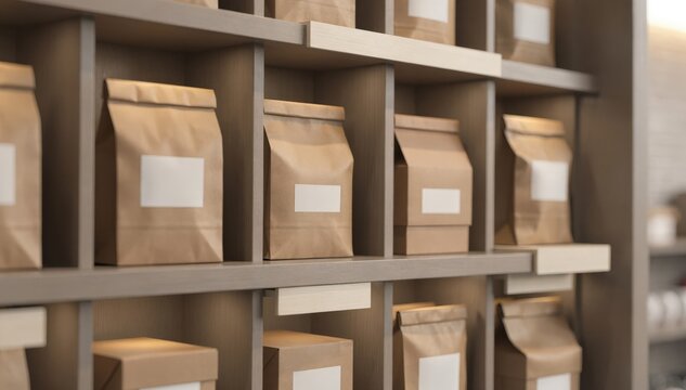 Medium shot of labeled cubbies neatly organized for smooth mobile order pickups with the main shelf in clear focus and blurred surroundings