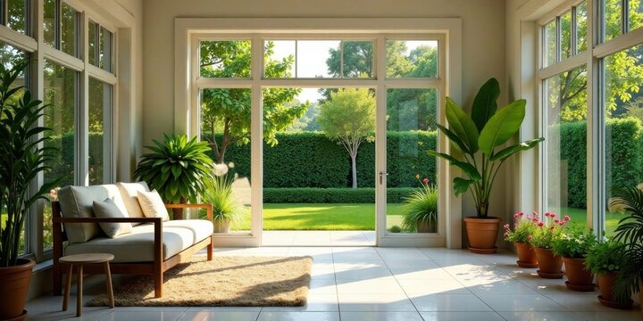 Sunlit interior garden room with plush seating and expansive windows overlooking a verdant landscape