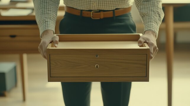 Professional man holding an empty wooden drawer in bright office environment for furniture organization and interior design concepts