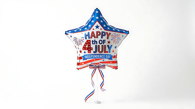 A red, white, and blue star-shaped foil balloon reading "HAPPY 4th OF JULY" with "INDEPENDENCE DAY", 8k image