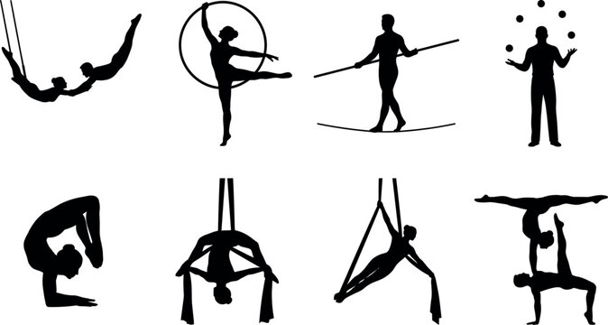 Circus performer silhouettes vector set featuring aerialists acrobatics contortionist juggler and tightrope walker icons on white background