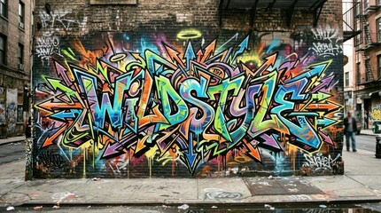 Fototapeta premium Colorful urban graffiti street art on concrete brick wall, vibrant spray paint tags, artistic design and texture in grunge city culture, dirty textured urban surface