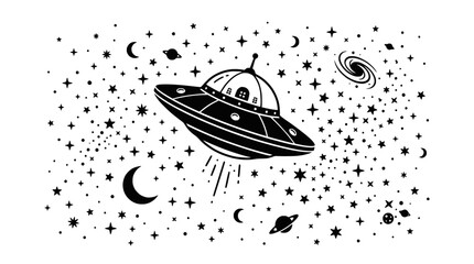 Retro flying saucer UFO hovering in starry night sky with planets and galaxy © illustration
