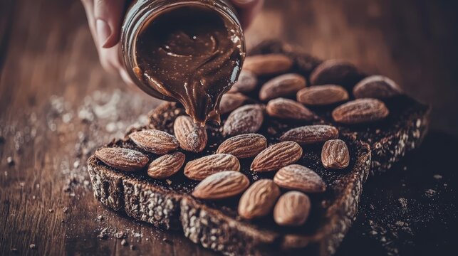 Creamy nut butter drizzled over toasted bread with raw whole almonds for breakfast gourmet culinary delight photography