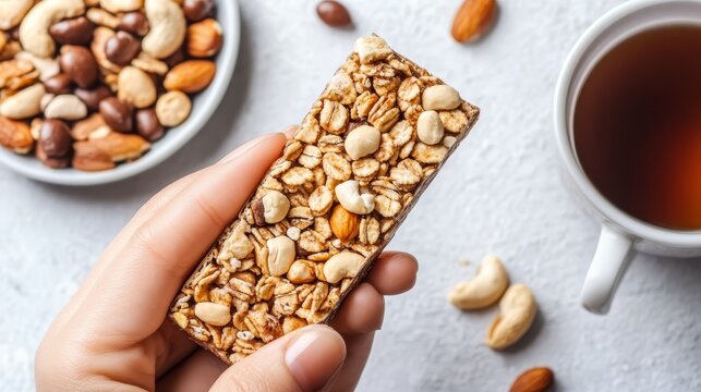 Healthy granola energy bar held in hand with nuts and tea on grey table background