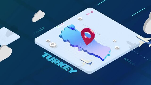 Isometric 3D Render of Turkey Map with Red Location Pin Pointer and Floating Airplanes