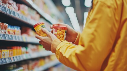 Obraz premium Shopper examining food products and nutritional labels in local grocery supermarket aisle for quality assessment selection process