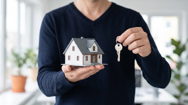 A man in a dark blue sweater holds a small white residential house model and a metal key while standing in a bright modern home office.
